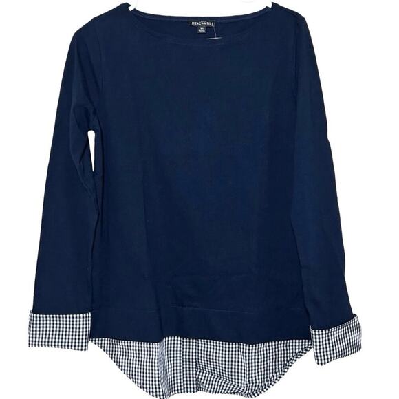 NWT J Crew Mercantile Womens Gingham Faux Layered Boatneck Top Navy Blue Size XS - Picture 2 of 10
